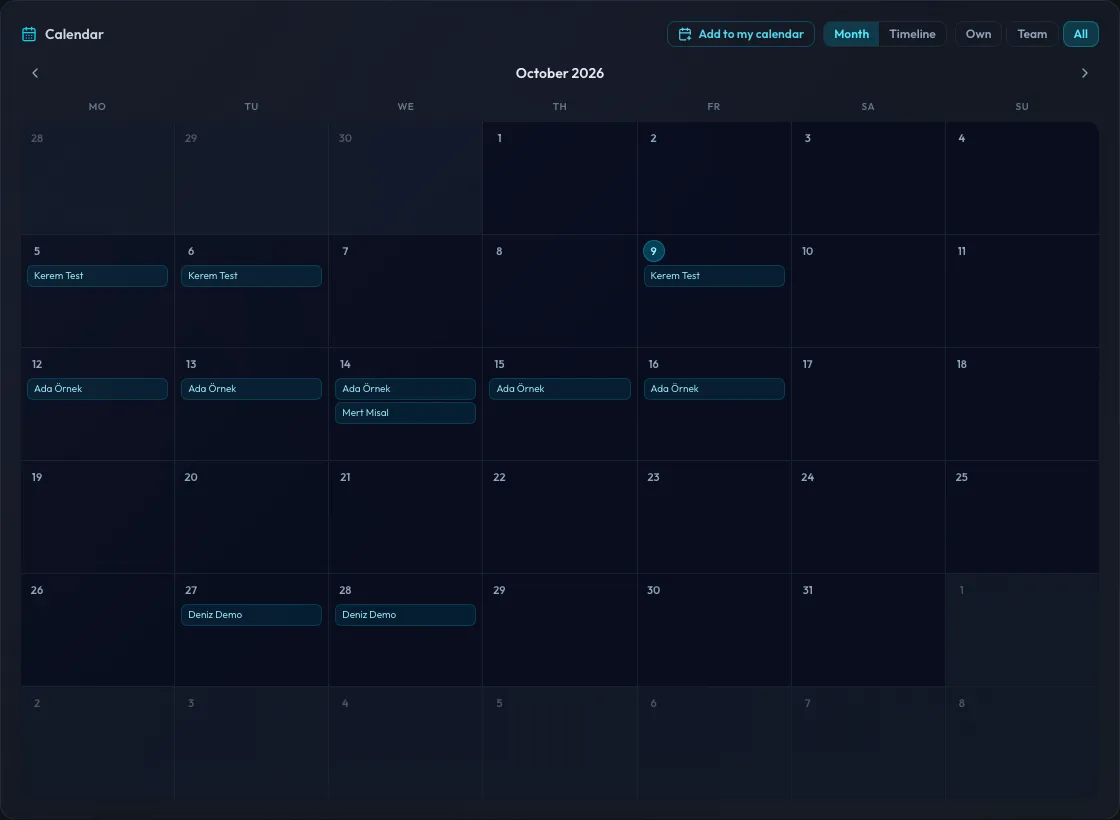 OffTracker team calendar on the web dashboard, month view: approved leave is shown with the person’s name and dates. Interface shown in English; synthetic demo data.